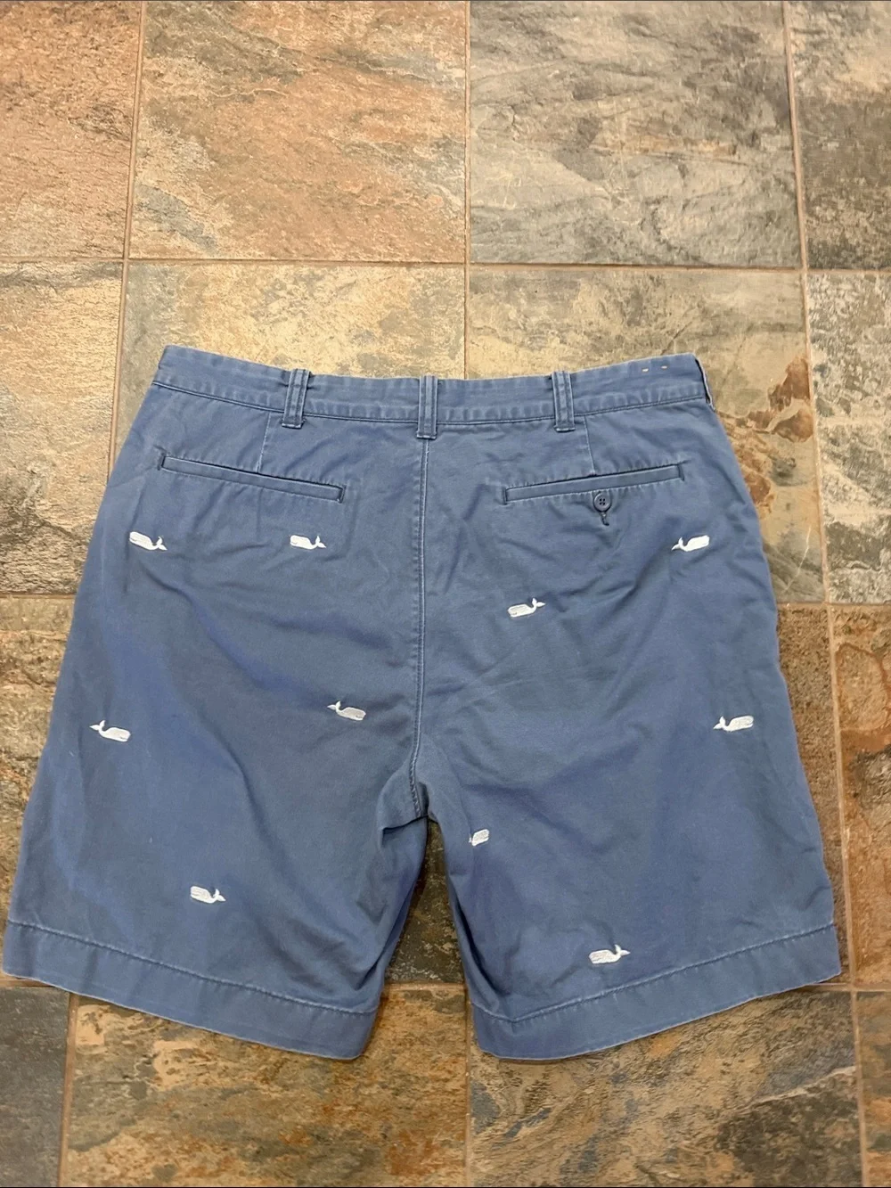 J. Crew Navy Blue Flat-Front Shorts with White Whale Embroidery